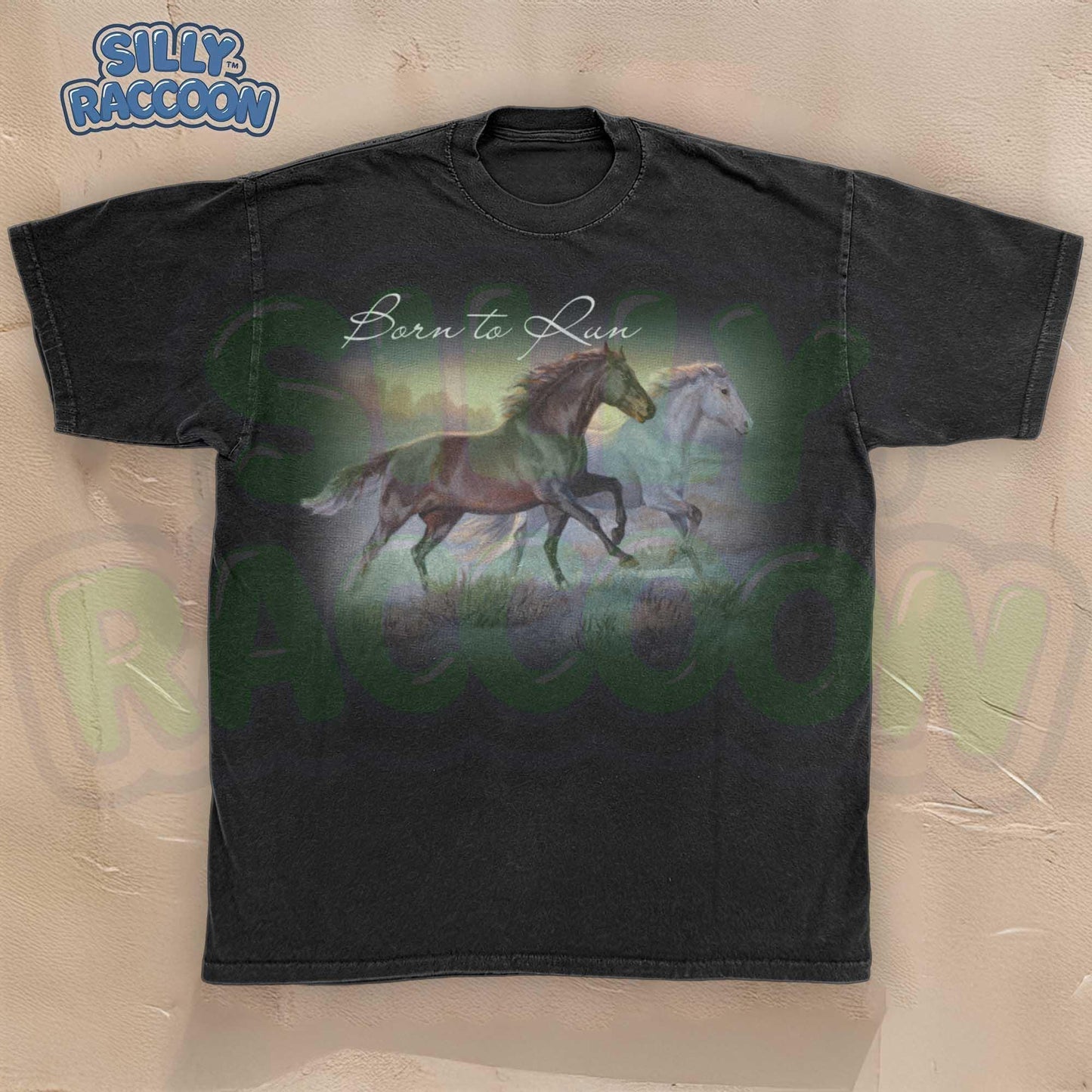 Horse t-shirt for women men equestrian lovers featuring beautiful watercolor running horses design on light gray background. Born to Run script text with brown horse and white horse galloping together through countryside. Perfect gift for horse moms, riders, trainers, western fashion lovers, farm owners and equine enthusiasts. Unisex casual tee with artistic wildlife illustration, ideal for horse shows, ranch work, country western events or casual everyday wear.