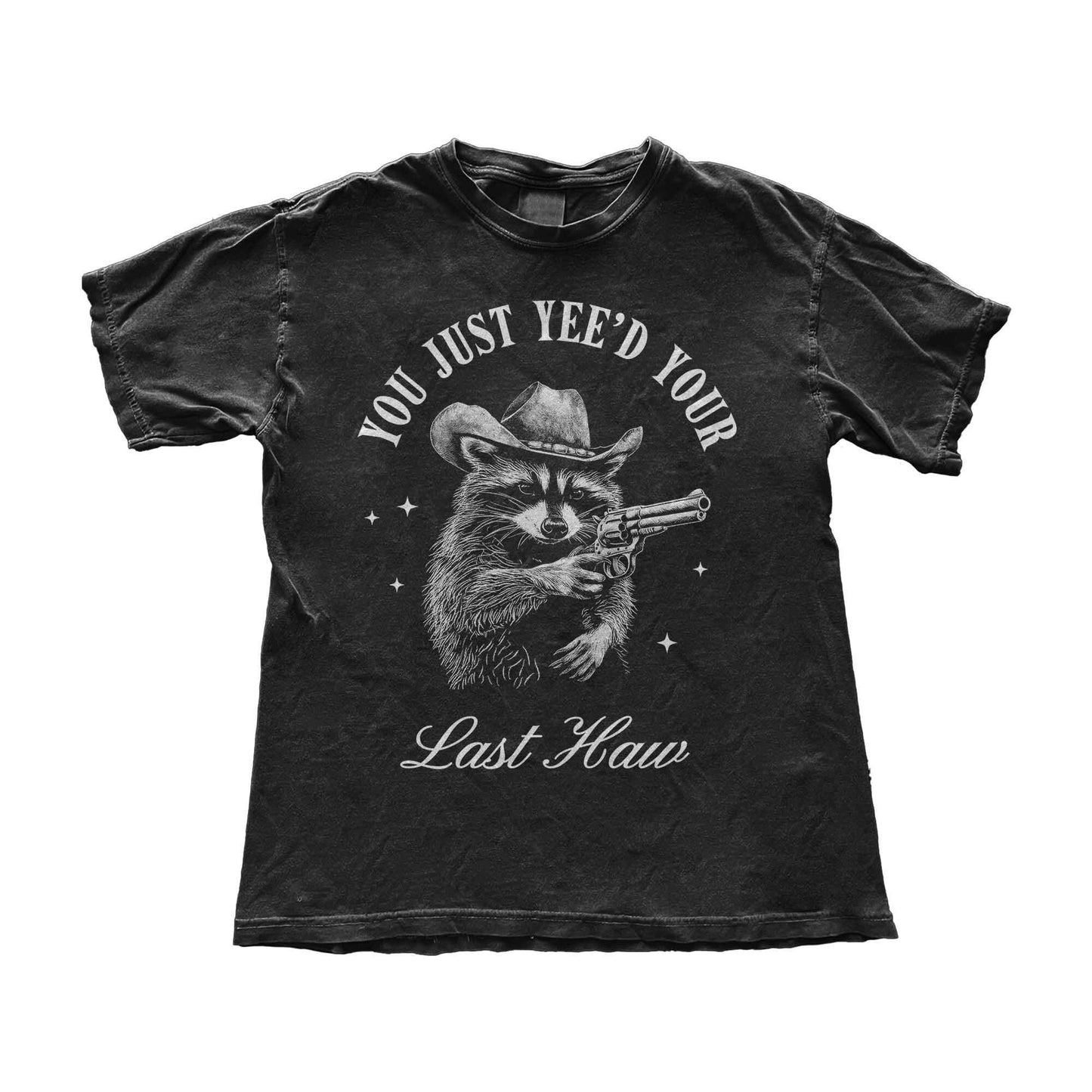 Funny cowboy raccoon t-shirt featuring a vintage-style hand-drawn raccoon in a cowboy hat holding a revolver. This Western humor graphic tee is perfect for country lovers, rodeo fans, and meme enthusiasts. Designed for men and women who love Southern slang, Wild West culture, and outlaw aesthetics. Great for casual wear, cowboy-themed parties, or as a hilarious gift for raccoon lovers and Western humor fans.