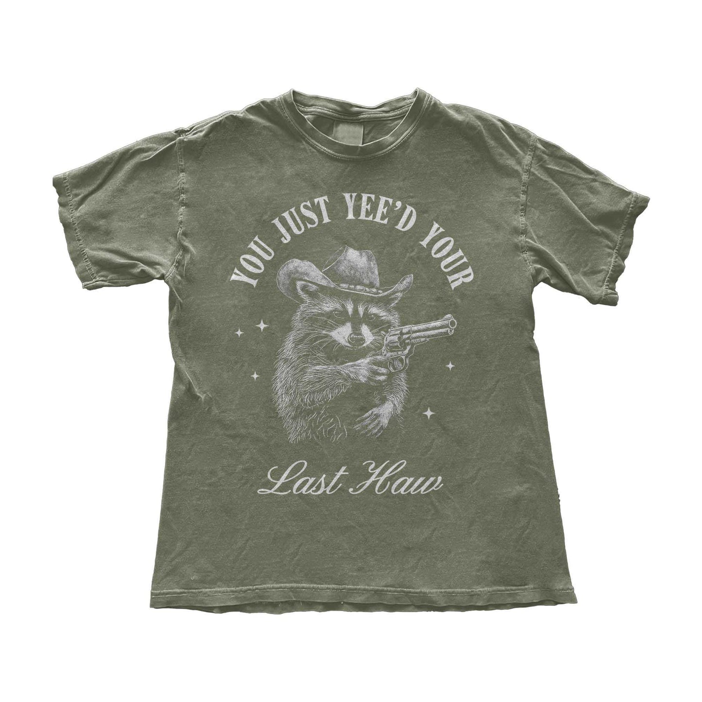 Funny cowboy raccoon t-shirt featuring a vintage-style hand-drawn raccoon in a cowboy hat holding a revolver. This Western humor graphic tee is perfect for country lovers, rodeo fans, and meme enthusiasts. Designed for men and women who love Southern slang, Wild West culture, and outlaw aesthetics. Great for casual wear, cowboy-themed parties, or as a hilarious gift for raccoon lovers and Western humor fans.