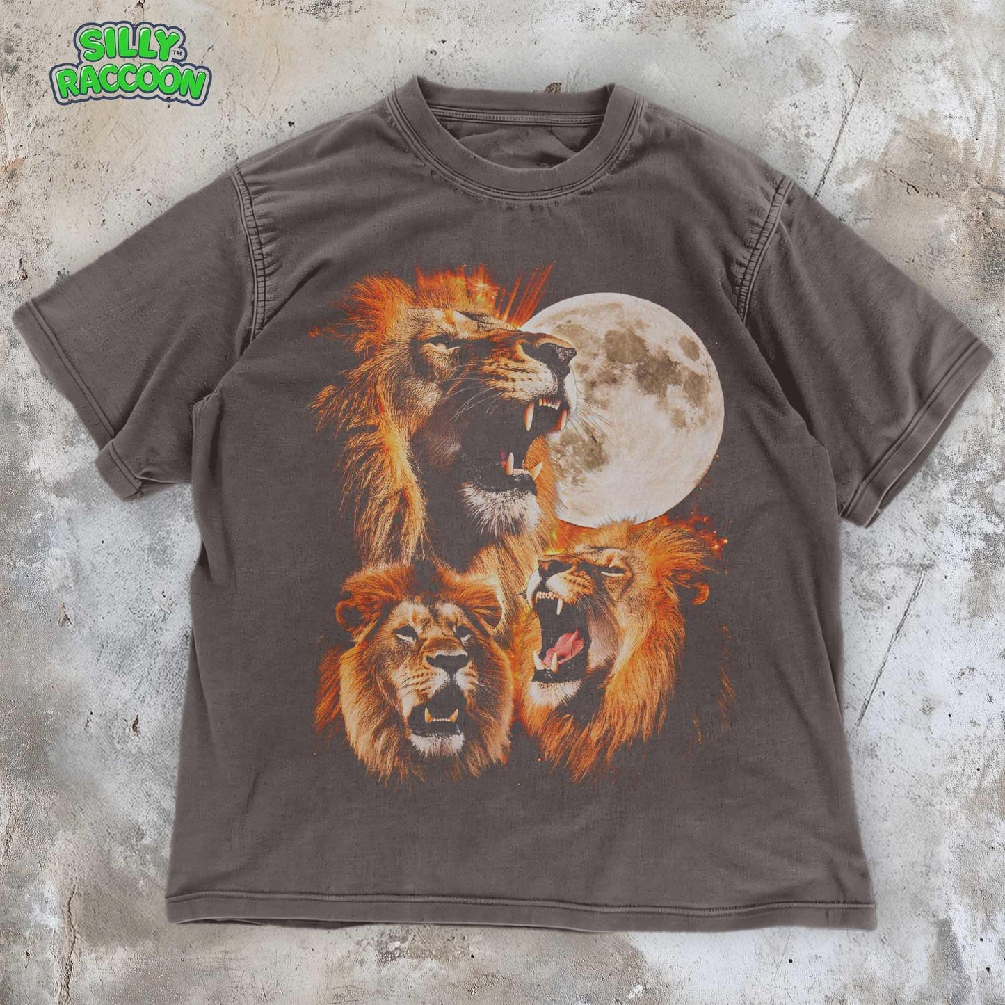 Unisex vintage style graphic t-shirt featuring three detailed lion heads roaring at a full moon, perfect for animal lovers and vintage fashion enthusiasts. Distressed gray cotton tee with realistic wildlife art, oversized fit, comfort colors Tee.
