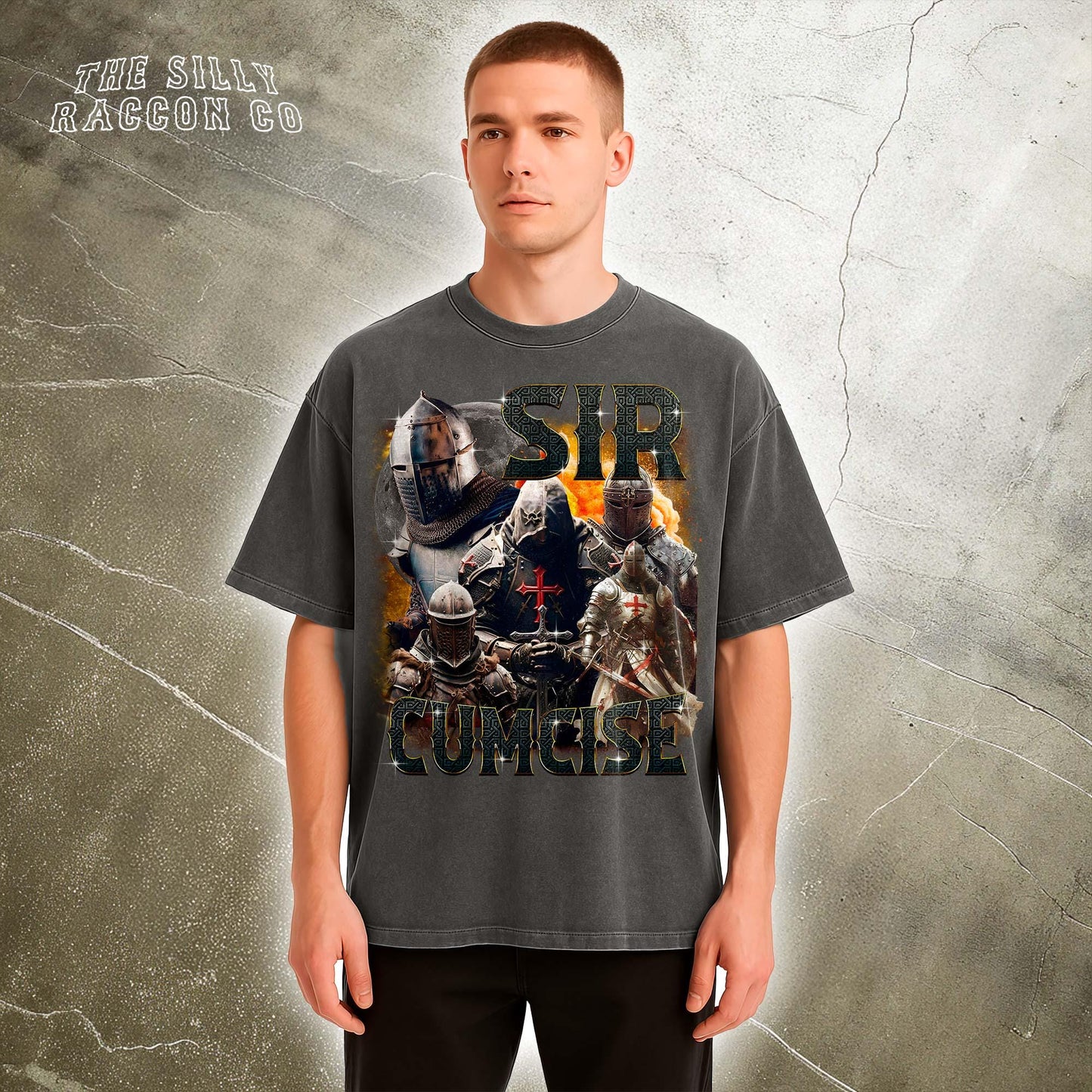 a man standing in front of a wall wearing a t - shirt
