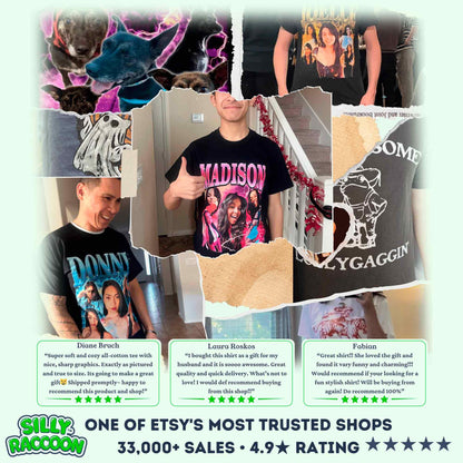 Custom photo shirt for men and women featuring a personalized 90s bootleg rap tee design. Add your own pictures and custom name text to this retro graphic t-shirt. The design includes multiple photo placeholders against a vibrant purple space background with lightning effects and bold, metallic-style &quot;CUSTOM&quot; lettering. This vaporwave-inspired tee is a perfect personalized gift for boyfriends, girlfriends, or friends, ideal for birthdays or special occasions.