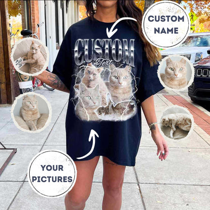 Custom photo shirt for men and women featuring a personalized 90s bootleg rap tee design. Add your own pictures and custom name text to this retro graphic t-shirt. The design includes multiple photo placeholders against a vibrant purple space background with lightning effects and bold, metallic-style &quot;CUSTOM&quot; lettering. This vaporwave-inspired tee is a perfect personalized gift for boyfriends, girlfriends, or friends, ideal for birthdays or special occasions.