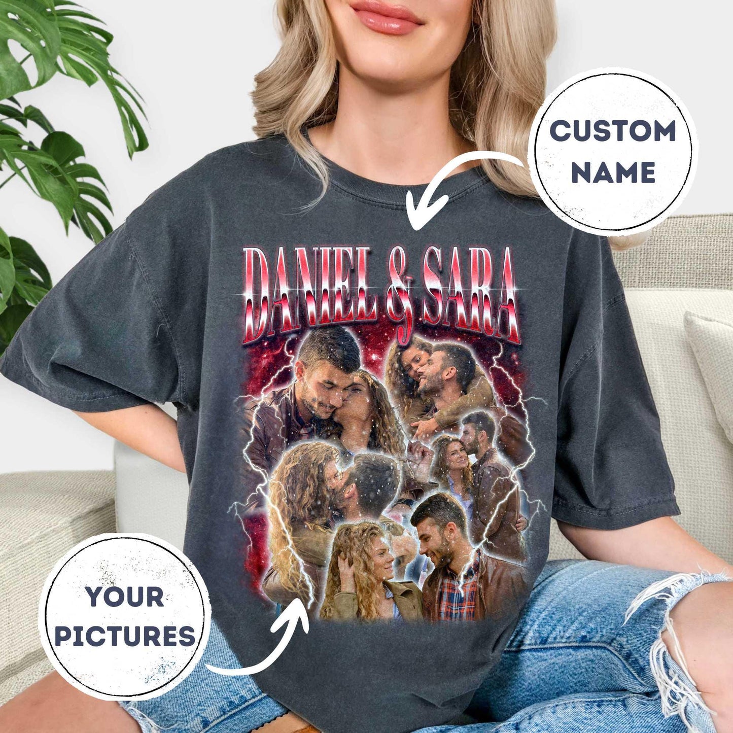 Custom photo shirt for men and women featuring a personalized 90s bootleg rap tee design. Add your own pictures and custom name text to this retro graphic t-shirt. The design includes multiple photo placeholders against a vibrant purple space background with lightning effects and bold, metallic-style &quot;CUSTOM&quot; lettering. This vaporwave-inspired tee is a perfect personalized gift for boyfriends, girlfriends, or friends, ideal for birthdays or special occasions.