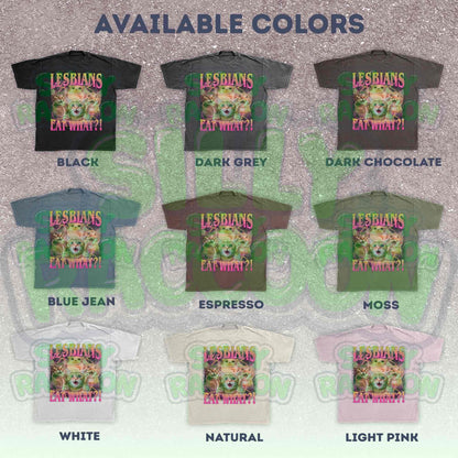 Funny lesbian pride t-shirt featuring shocked cat faces and retro gradient text perfect for LGBTQ cat moms and gay cat lovers. Dark gray casual pride clothing with dramatic lightning effects and expressive kitties. Ideal gift for queer cat parents, sapphic cat lovers, and WLW with a sense of humor. Y2K style pride month outfit.