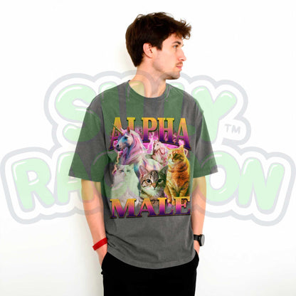 Funny Alpha Male shirt for men, a perfect ironic humor gift for cat dads and meme lovers. This dark grey graphic tee features a vibrant retro 90s design with three distinct cats (fluffy white, tabby, orange) and two majestic unicorns against a pink and purple lightning background. Bold gradient text reads &quot;ALPHA MALE&quot;. Ideal sarcastic clothing for him, blending parody, mythical creature themes, and vaporwave aesthetic.