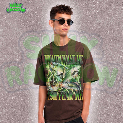 Funny fishing shirt for men featuring the phrase “Women Want Me Fish Fear Me” with bold green bass fish graphics in a retro 90s style. Perfect ironic meme tee for boyfriend, dad, or outdoorsy guy with a sense of humor. Ideal gift for Father&#39;s Day, birthdays, or cringe-loving meme fans. Eye-catching vintage-style design with outdoor aesthetic and masculine humor appeal.
