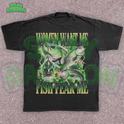 Funny fishing shirt for men featuring the phrase “Women Want Me Fish Fear Me” with bold green bass fish graphics in a retro 90s style. Perfect ironic meme tee for boyfriend, dad, or outdoorsy guy with a sense of humor. Ideal gift for Father&#39;s Day, birthdays, or cringe-loving meme fans. Eye-catching vintage-style design with outdoor aesthetic and masculine humor appeal.