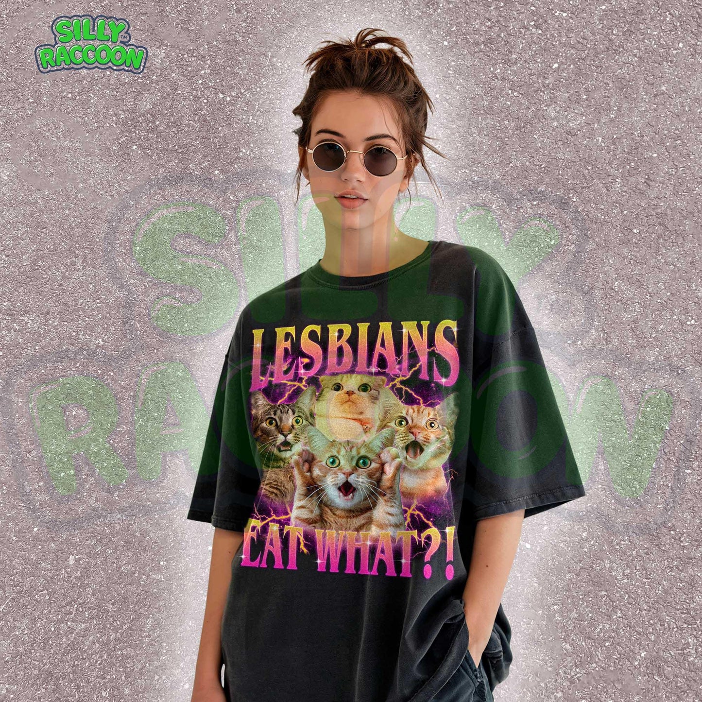 Funny lesbian pride t-shirt featuring shocked cat faces and retro gradient text perfect for LGBTQ cat moms and gay cat lovers. Dark gray casual pride clothing with dramatic lightning effects and expressive kitties. Ideal gift for queer cat parents, sapphic cat lovers, and WLW with a sense of humor. Y2K style pride month outfit.
