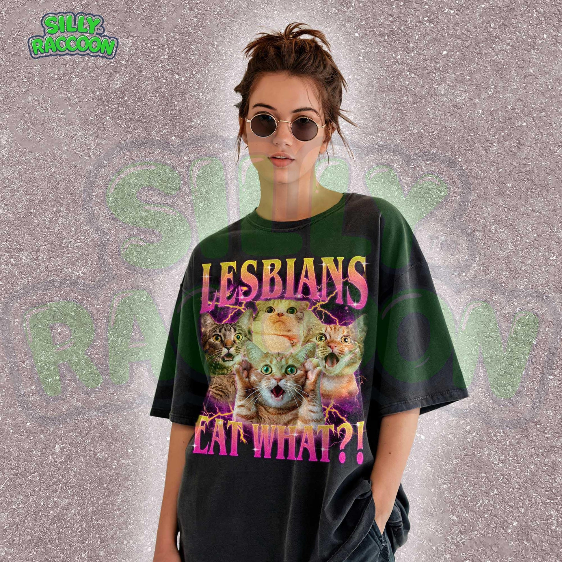 Funny lesbian pride t-shirt featuring shocked cat faces and retro gradient text perfect for LGBTQ cat moms and gay cat lovers. Dark gray casual pride clothing with dramatic lightning effects and expressive kitties. Ideal gift for queer cat parents, sapphic cat lovers, and WLW with a sense of humor. Y2K style pride month outfit.