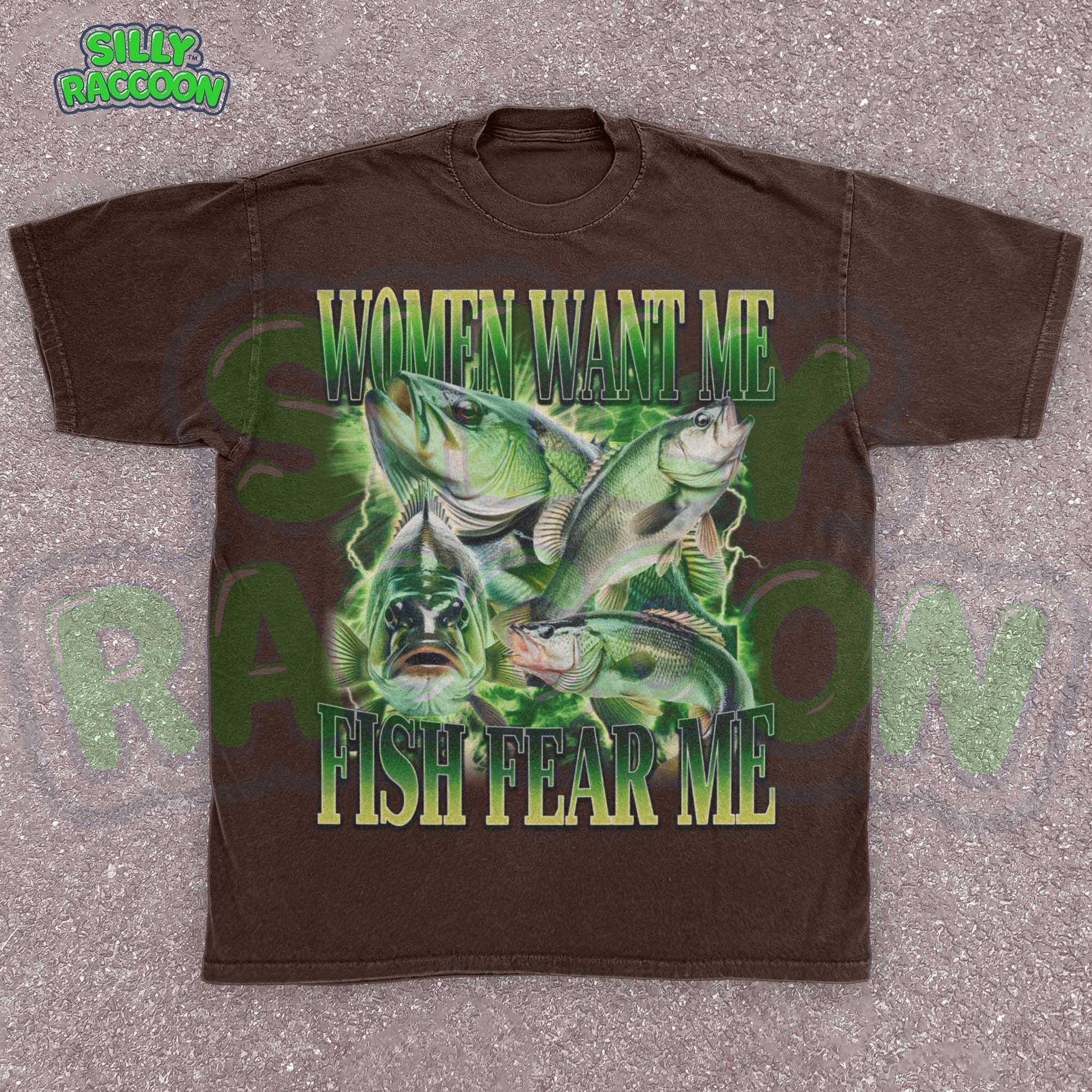 Funny fishing shirt for men featuring the phrase “Women Want Me Fish Fear Me” with bold green bass fish graphics in a retro 90s style. Perfect ironic meme tee for boyfriend, dad, or outdoorsy guy with a sense of humor. Ideal gift for Father&#39;s Day, birthdays, or cringe-loving meme fans. Eye-catching vintage-style design with outdoor aesthetic and masculine humor appeal.