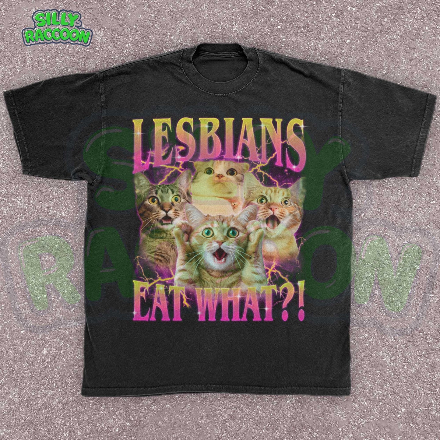 Funny lesbian pride t-shirt featuring shocked cat faces and retro gradient text perfect for LGBTQ cat moms and gay cat lovers. Dark gray casual pride clothing with dramatic lightning effects and expressive kitties. Ideal gift for queer cat parents, sapphic cat lovers, and WLW with a sense of humor. Y2K style pride month outfit.