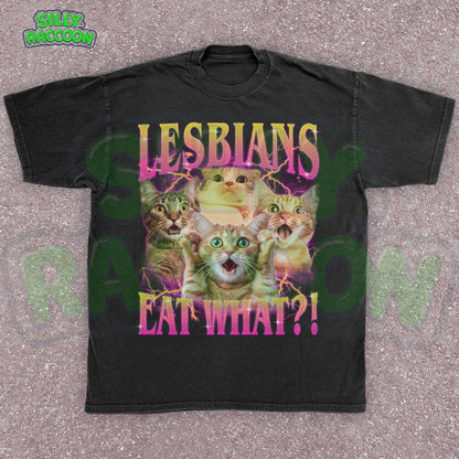 Funny lesbian pride t-shirt featuring shocked cat faces and retro gradient text perfect for LGBTQ cat moms and gay cat lovers. Dark gray casual pride clothing with dramatic lightning effects and expressive kitties. Ideal gift for queer cat parents, sapphic cat lovers, and WLW with a sense of humor. Y2K style pride month outfit.