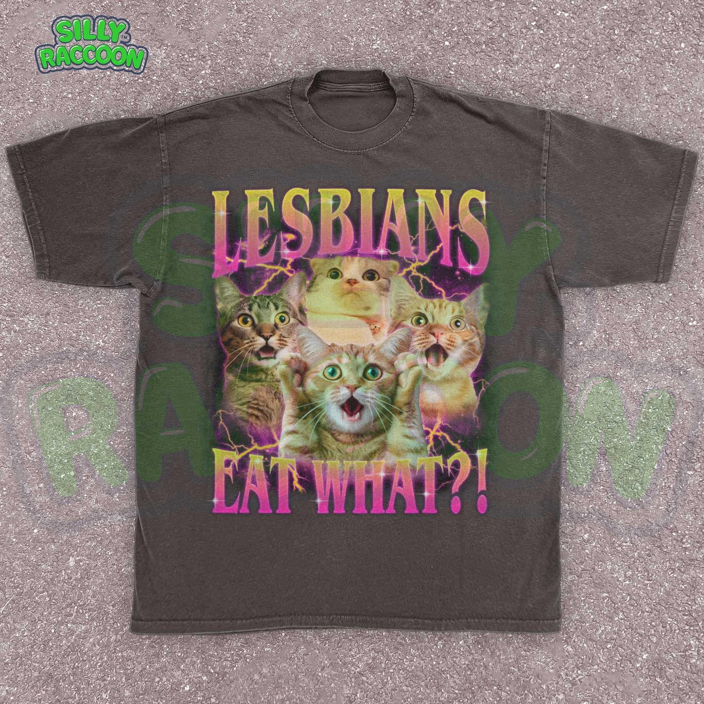Funny lesbian pride t-shirt featuring shocked cat faces and retro gradient text perfect for LGBTQ cat moms and gay cat lovers. Dark gray casual pride clothing with dramatic lightning effects and expressive kitties. Ideal gift for queer cat parents, sapphic cat lovers, and WLW with a sense of humor. Y2K style pride month outfit.
