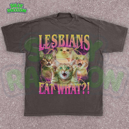 Funny lesbian pride t-shirt featuring shocked cat faces and retro gradient text perfect for LGBTQ cat moms and gay cat lovers. Dark gray casual pride clothing with dramatic lightning effects and expressive kitties. Ideal gift for queer cat parents, sapphic cat lovers, and WLW with a sense of humor. Y2K style pride month outfit.
