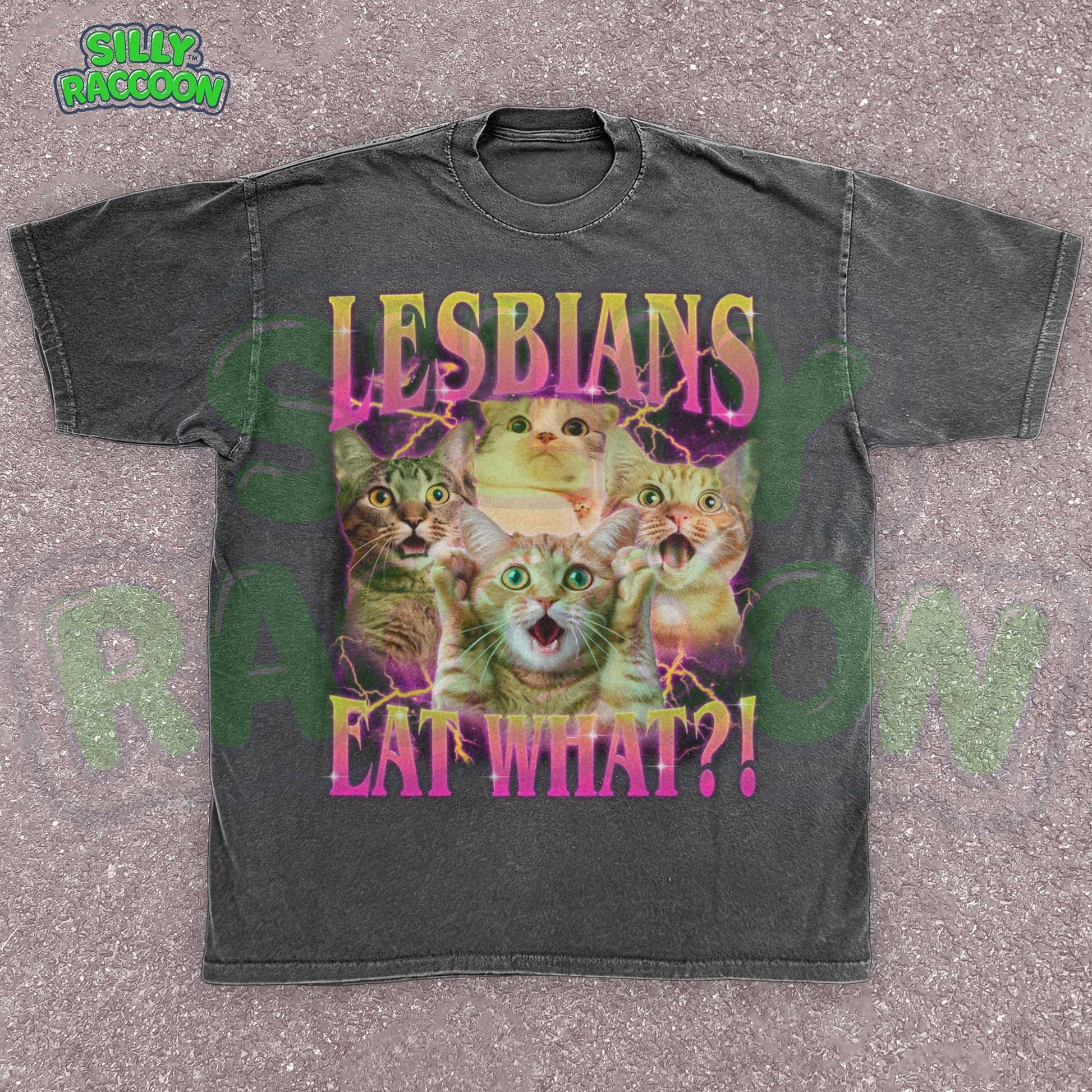 Funny lesbian pride t-shirt featuring shocked cat faces and retro gradient text perfect for LGBTQ cat moms and gay cat lovers. Dark gray casual pride clothing with dramatic lightning effects and expressive kitties. Ideal gift for queer cat parents, sapphic cat lovers, and WLW with a sense of humor. Y2K style pride month outfit.