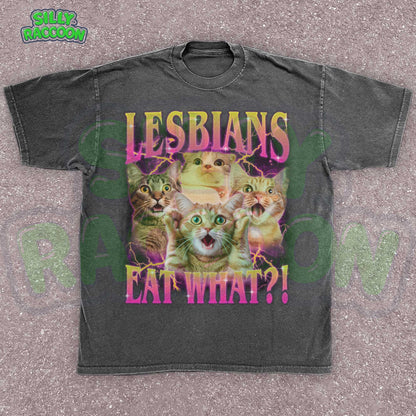 Funny lesbian pride t-shirt featuring shocked cat faces and retro gradient text perfect for LGBTQ cat moms and gay cat lovers. Dark gray casual pride clothing with dramatic lightning effects and expressive kitties. Ideal gift for queer cat parents, sapphic cat lovers, and WLW with a sense of humor. Y2K style pride month outfit.