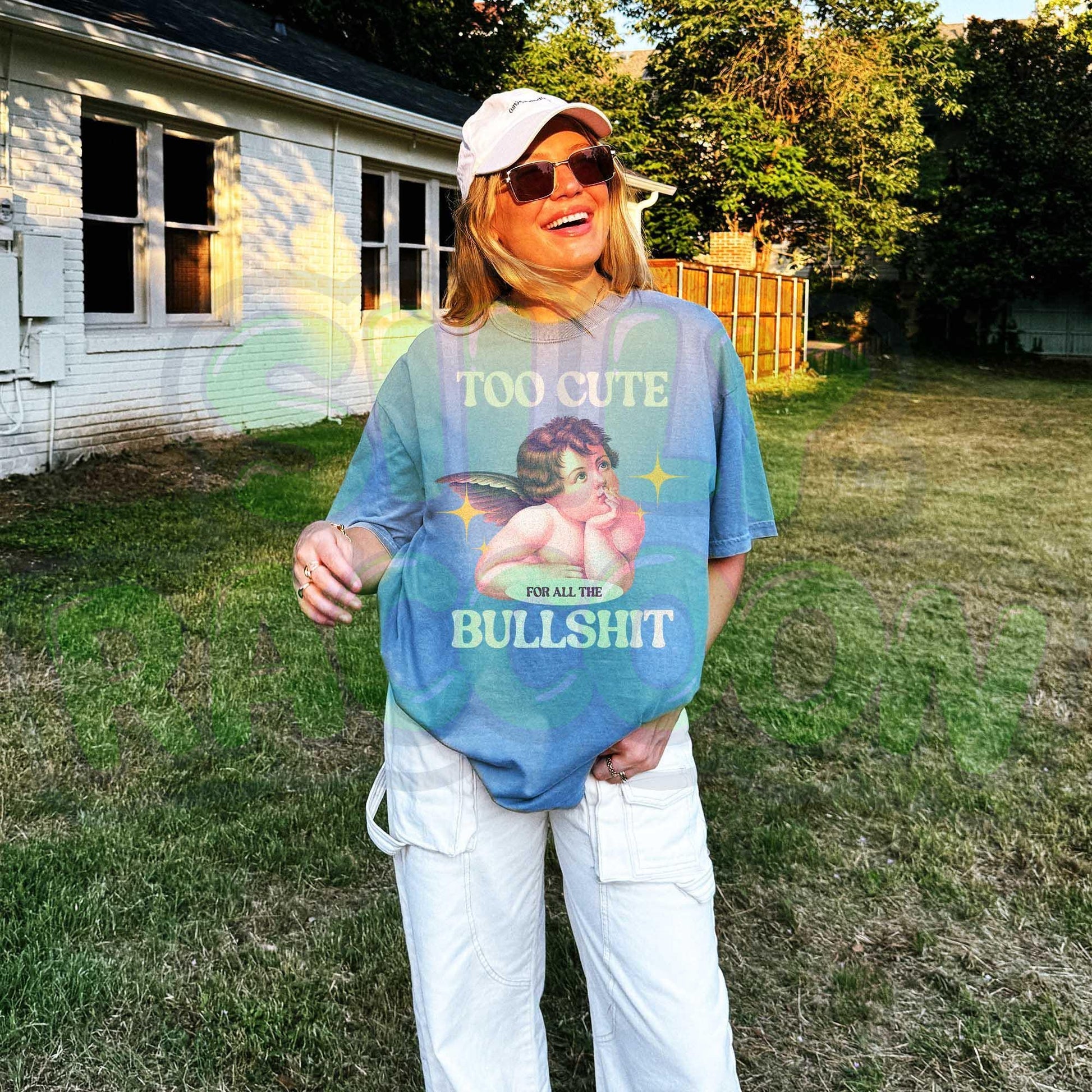 Funny sarcastic meme t-shirt featuring a vintage cherub graphic and the phrase &quot;Too Cute For Bullshit&quot;. This unisex tee is perfect for adults who love retro humor, irreverent statement shirts, and edgy graphic tees