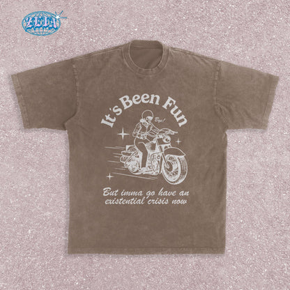 Retro style motorcycle Brown Espresso t-shirt featuring vintage White illustration of classic motorcycle with rider, stars and speed lines, combined with ironic existential crisis text in curved lettering, perfect for bikers.