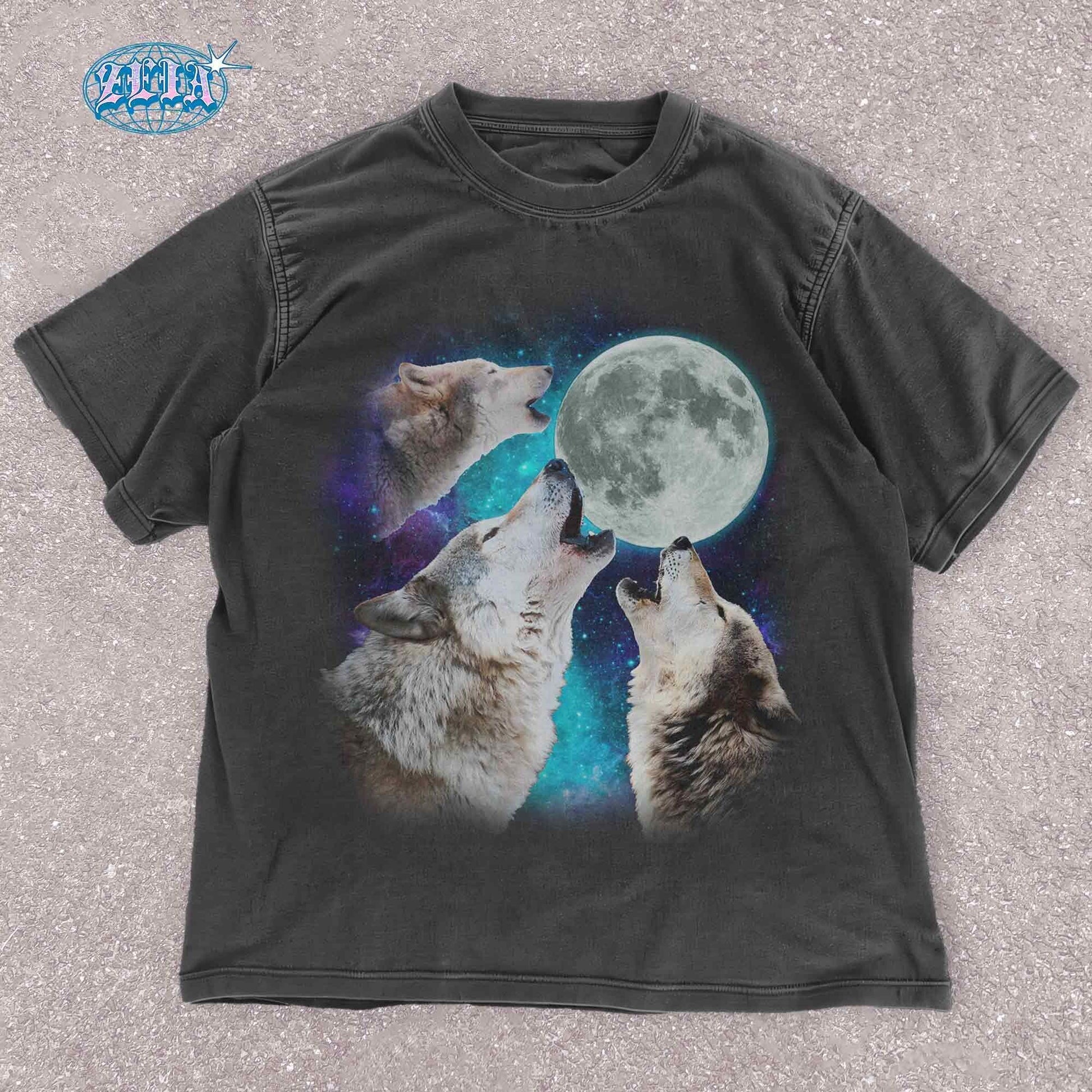 Unisex wolf t-shirt with three wolves howling at the moon in a galaxy-themed design. Perfect for nature lovers, animal lovers, and anyone who wants to show off their wild side. Great for everyday wear, outdoor adventures, or just lounging at home.