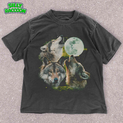 Three Wolf Moon T-Shirt for nature lovers. Mystical wolf pack design with wolves howling at full moon. Perfect for wildlife and spiritual enthusiasts. Unisex fit in black,