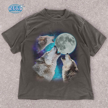 Unisex wolf t-shirt with three wolves howling at the moon in a galaxy-themed design. Perfect for nature lovers, animal lovers, and anyone who wants to show off their wild side. Great for everyday wear, outdoor adventures, or just lounging at home.