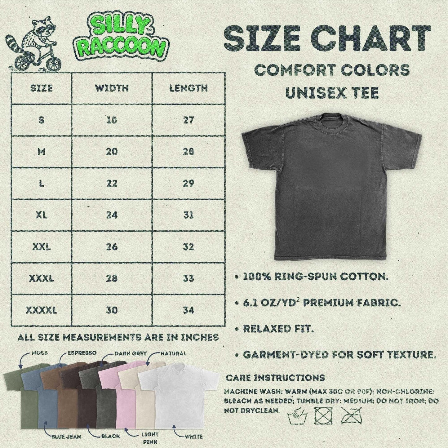 a size chart for a t - shirt with different colors