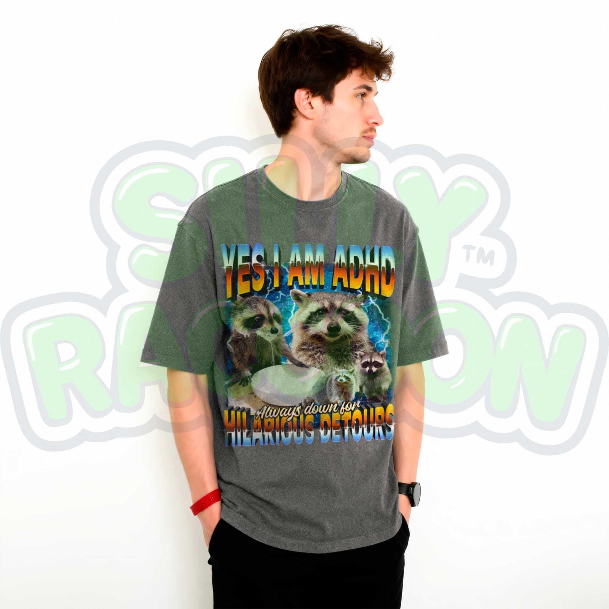 Funny vintage-style ADHD awareness shirt for adults featuring humorous raccoon meme design. Text reads “YES I AM ADHD - Always down for HILARIOUS DETOURS” in vibrant retro gradient colors against cosmic starry background. Graphic includes multiple playful raccoons, perfect for neurodiverse adults, meme lovers, and humorous animal enthusiasts. Ideal gift tee for birthdays, ADHD pride events, or casual everyday wear embracing spontaneous personalities.