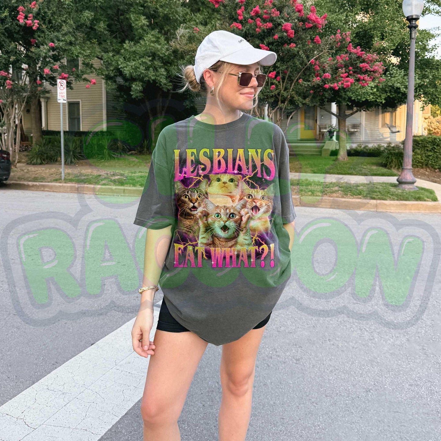 Funny lesbian pride t-shirt featuring shocked cat faces and retro gradient text perfect for LGBTQ cat moms and gay cat lovers. Dark gray casual pride clothing with dramatic lightning effects and expressive kitties. Ideal gift for queer cat parents, sapphic cat lovers, and WLW with a sense of humor. Y2K style pride month outfit.