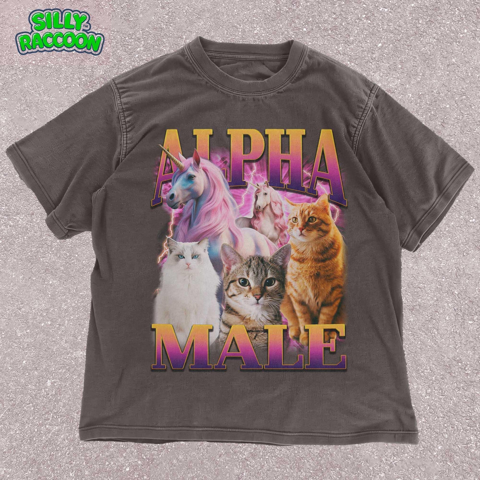 Unisex Alpha Male t-shirt for men featuring three realistic cats and two fantasy unicorns with a retro vaporwave aesthetic. This funny graphic tee is perfect for cat dads and men who enjoy ironic humor. Ideal for casual wear.