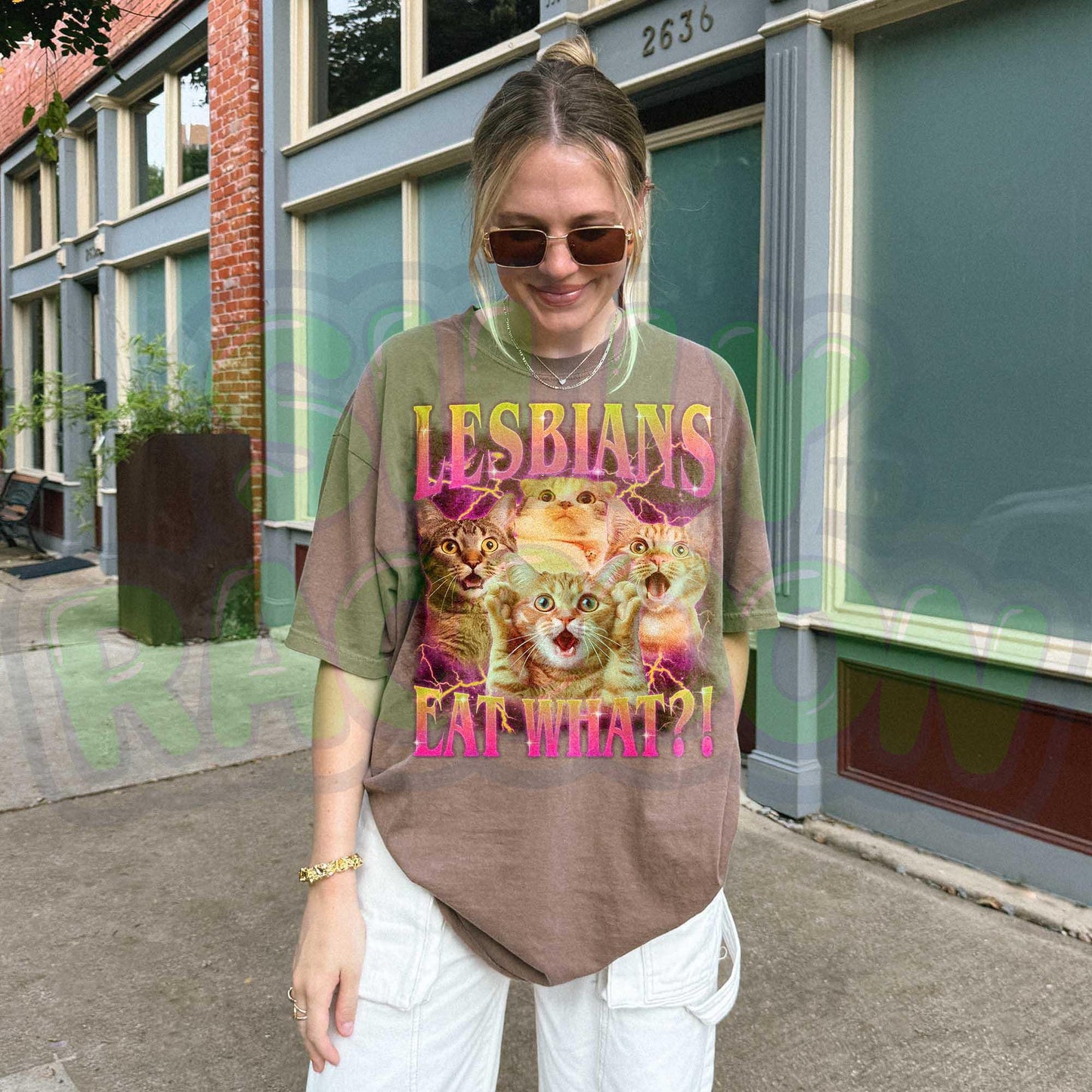 Funny lesbian pride t-shirt featuring shocked cat faces and retro gradient text perfect for LGBTQ cat moms and gay cat lovers. Dark gray casual pride clothing with dramatic lightning effects and expressive kitties. Ideal gift for queer cat parents, sapphic cat lovers, and WLW with a sense of humor. Y2K style pride month outfit.