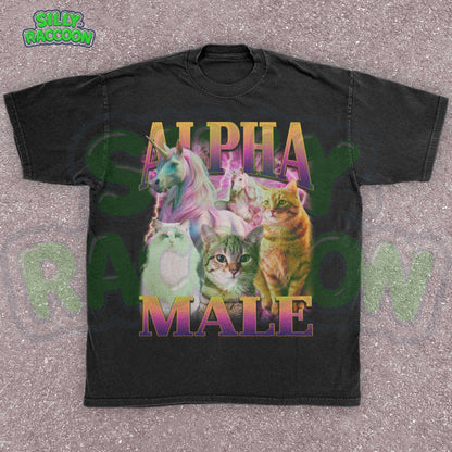 Funny Alpha Male shirt for men, a perfect ironic humor gift for cat dads and meme lovers. This dark grey graphic tee features a vibrant retro 90s design with three distinct cats (fluffy white, tabby, orange) and two majestic unicorns against a pink and purple lightning background. Bold gradient text reads &quot;ALPHA MALE&quot;. Ideal sarcastic clothing for him, blending parody, mythical creature themes, and vaporwave aesthetic.