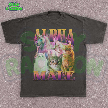 Funny Alpha Male shirt for men, a perfect ironic humor gift for cat dads and meme lovers. This dark grey graphic tee features a vibrant retro 90s design with three distinct cats (fluffy white, tabby, orange) and two majestic unicorns against a pink and purple lightning background. Bold gradient text reads &quot;ALPHA MALE&quot;. Ideal sarcastic clothing for him, blending parody, mythical creature themes, and vaporwave aesthetic.
