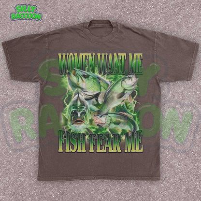 Funny fishing shirt for men featuring the phrase “Women Want Me Fish Fear Me” with bold green bass fish graphics in a retro 90s style. Perfect ironic meme tee for boyfriend, dad, or outdoorsy guy with a sense of humor. Ideal gift for Father&#39;s Day, birthdays, or cringe-loving meme fans. Eye-catching vintage-style design with outdoor aesthetic and masculine humor appeal.