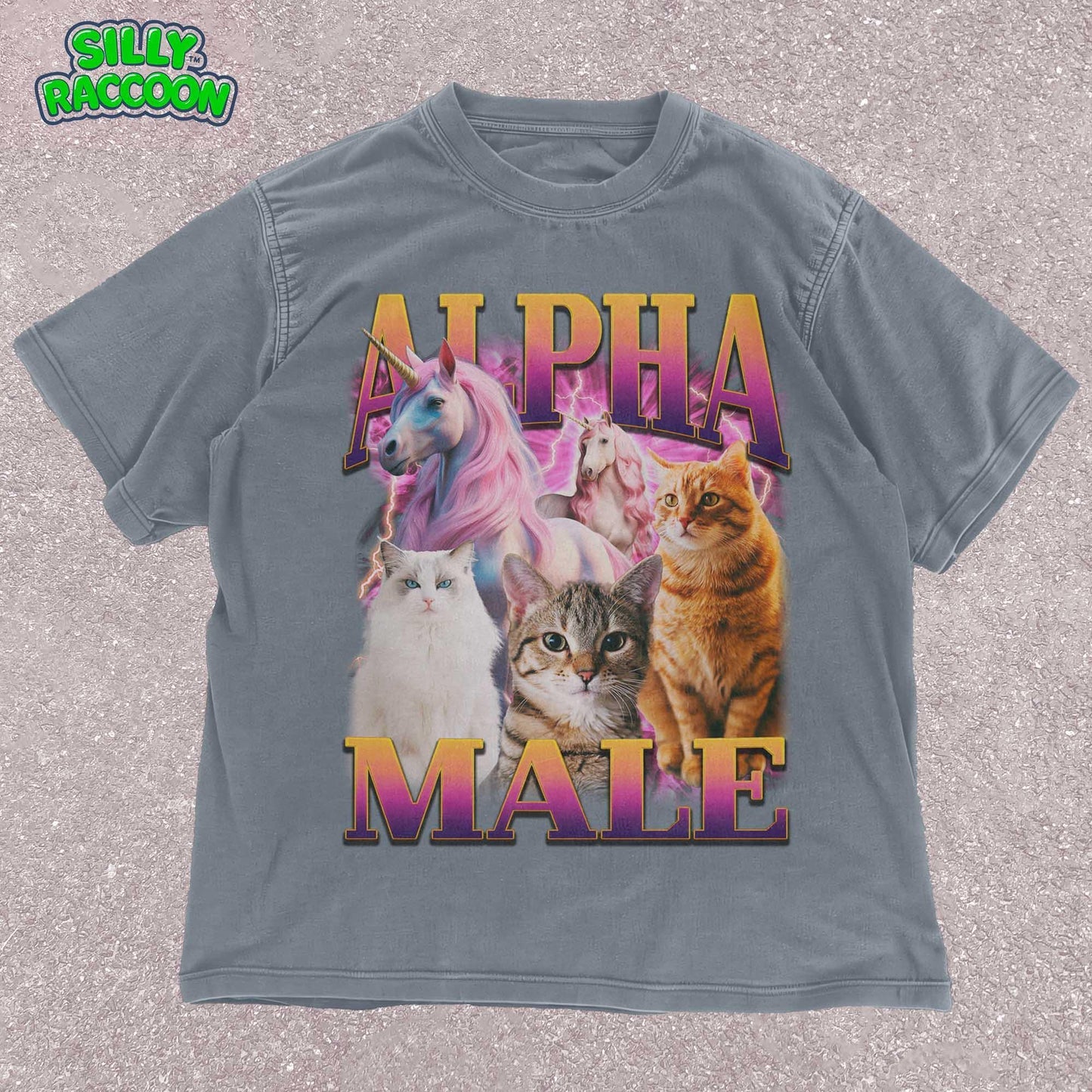 Unisex Alpha Male t-shirt for men featuring three realistic cats and two fantasy unicorns with a retro vaporwave aesthetic. This funny graphic tee is perfect for cat dads and men who enjoy ironic humor. Ideal for casual wear.