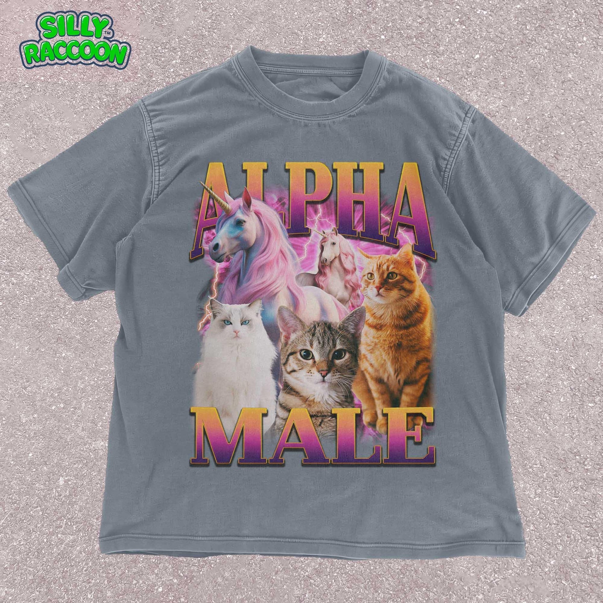 Unisex Alpha Male t-shirt for men featuring three realistic cats and two fantasy unicorns with a retro vaporwave aesthetic. This funny graphic tee is perfect for cat dads and men who enjoy ironic humor. Ideal for casual wear.