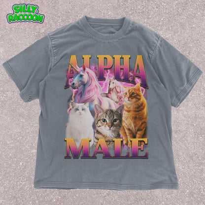 Unisex Alpha Male t-shirt for men featuring three realistic cats and two fantasy unicorns with a retro vaporwave aesthetic. This funny graphic tee is perfect for cat dads and men who enjoy ironic humor. Ideal for casual wear.