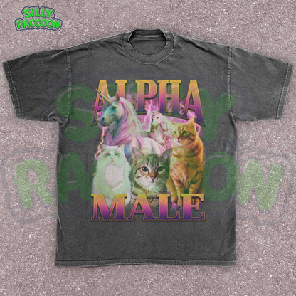 Funny Alpha Male shirt for men, a perfect ironic humor gift for cat dads and meme lovers. This dark grey graphic tee features a vibrant retro 90s design with three distinct cats (fluffy white, tabby, orange) and two majestic unicorns against a pink and purple lightning background. Bold gradient text reads &quot;ALPHA MALE&quot;. Ideal sarcastic clothing for him, blending parody, mythical creature themes, and vaporwave aesthetic.