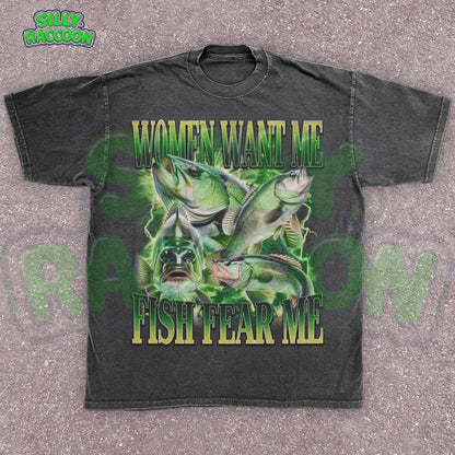 Funny fishing shirt for men featuring the phrase “Women Want Me Fish Fear Me” with bold green bass fish graphics in a retro 90s style. Perfect ironic meme tee for boyfriend, dad, or outdoorsy guy with a sense of humor. Ideal gift for Father&#39;s Day, birthdays, or cringe-loving meme fans. Eye-catching vintage-style design with outdoor aesthetic and masculine humor appeal.