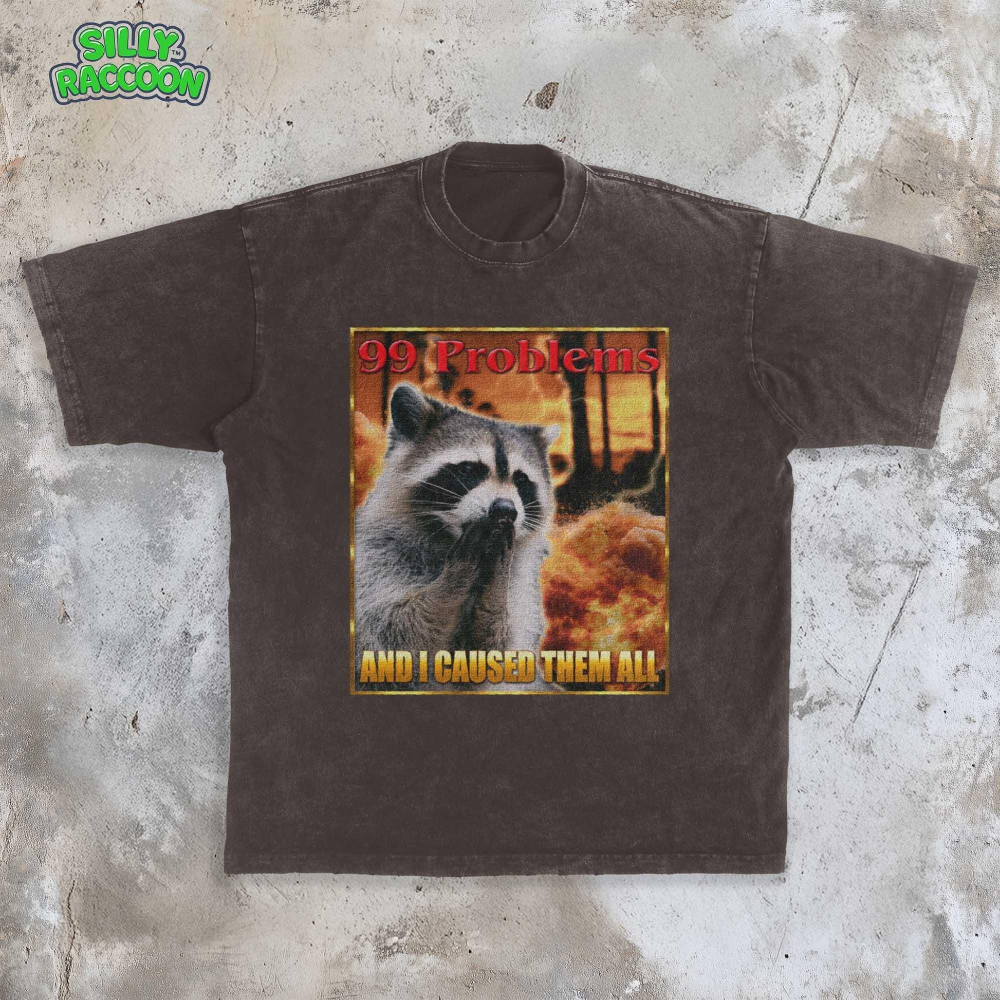 This Comfort Colors t-shirt features a funny raccoon meme design perfect for women and men who love weird, sarcastic humor. The retro-style graphic on this unisex tee shows a raccoon looking guilty with the text &quot;99 Problems AND I CAUSED THEM ALL,&quot; ideal for casual wear or as a gag gift for a friend who appreciates ironic, unhinged shirts and possum-themed humor.