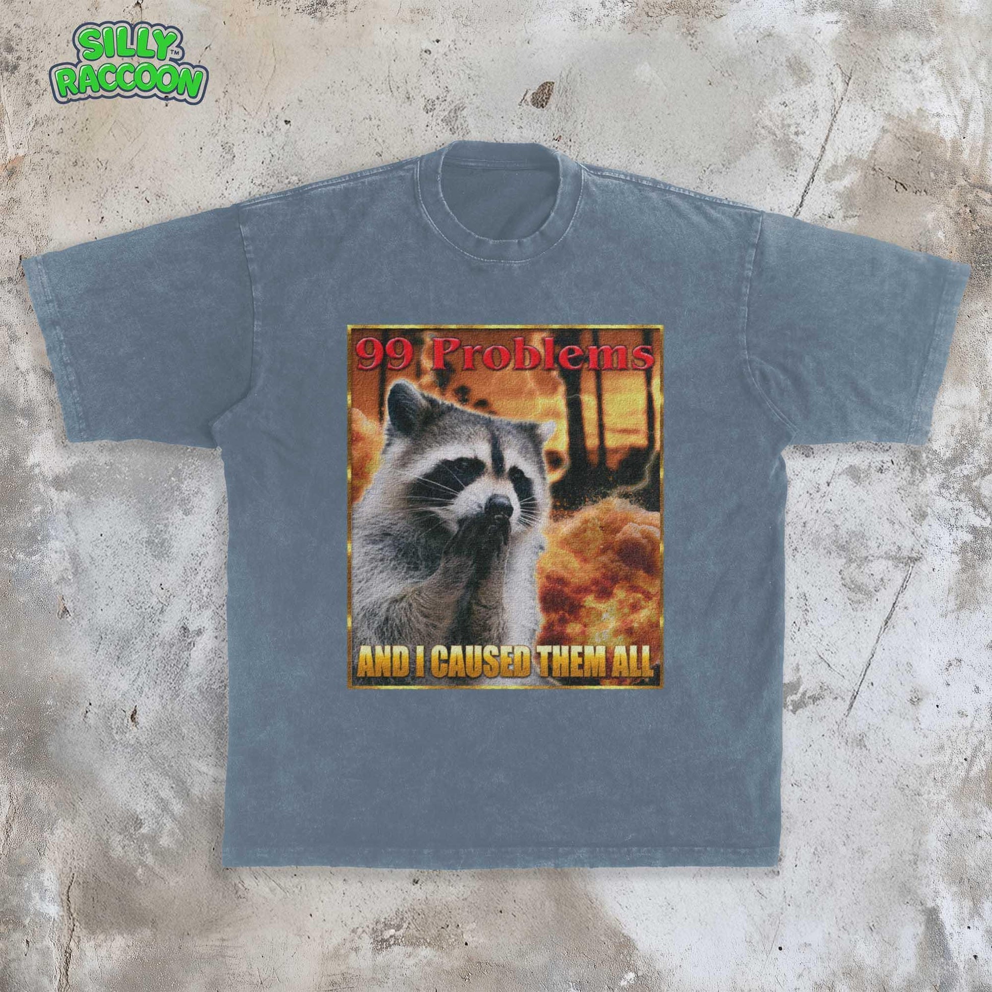 This Comfort Colors t-shirt features a funny raccoon meme design perfect for women and men who love weird, sarcastic humor. The retro-style graphic on this unisex tee shows a raccoon looking guilty with the text &quot;99 Problems AND I CAUSED THEM ALL,&quot; ideal for casual wear or as a gag gift for a friend who appreciates ironic, unhinged shirts and possum-themed humor.