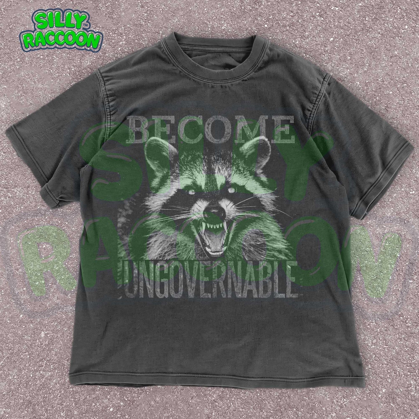 Vintage grunge dark grey t-shirt featuring an angry raccoon with the slogan Become Ungovernable. Perfect for fans of rebellious wildlife and sarcastic humor.