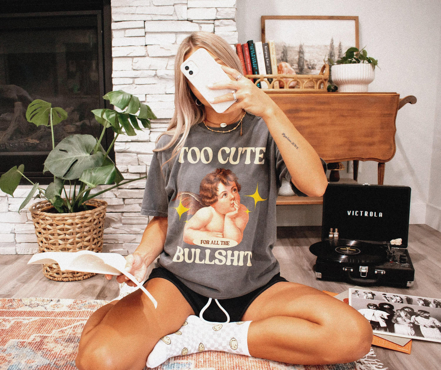 Aesthetic Cherub Angel T-shirt | Too Cute For Bullshit | Funny Sarcastic Meme Tee | Retro Cherub Graphic Shirt | Funny Trendy Shirt