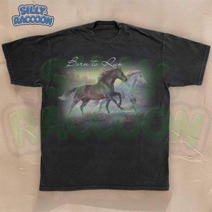 Horse t-shirt for women men equestrian lovers featuring beautiful watercolor running horses design on light gray background. Born to Run script text with brown horse and white horse galloping together through countryside. Perfect gift for horse moms, riders, trainers, western fashion lovers, farm owners and equine enthusiasts. Unisex casual tee with artistic wildlife illustration, ideal for horse shows, ranch work, country western events or casual everyday wear.