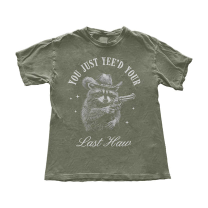 Funny cowboy raccoon t-shirt featuring a vintage-style hand-drawn raccoon in a cowboy hat holding a revolver. This Western humor graphic tee is perfect for country lovers, rodeo fans, and meme enthusiasts. Designed for men and women who love Southern slang, Wild West culture, and outlaw aesthetics. Great for casual wear, cowboy-themed parties, or as a hilarious gift for raccoon lovers and Western humor fans.