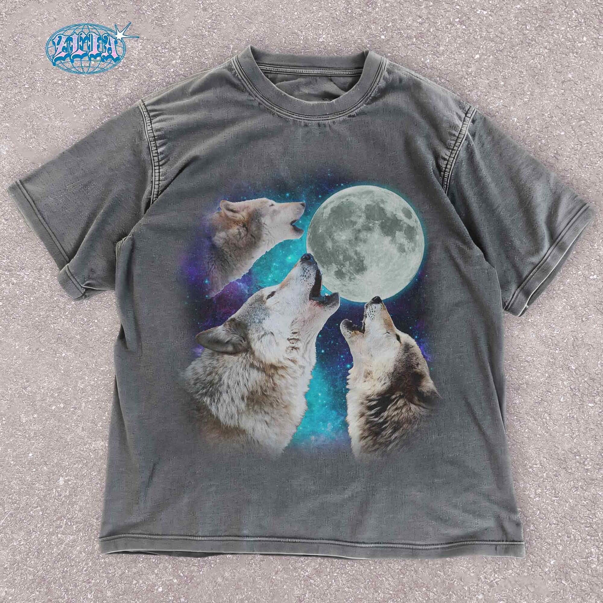 Unisex wolf t-shirt with three wolves howling at the moon in a galaxy-themed design. Perfect for nature lovers, animal lovers, and anyone who wants to show off their wild side. Great for everyday wear, outdoor adventures, or just lounging at home.