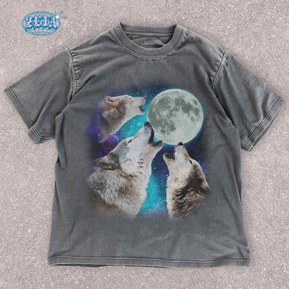 Unisex wolf t-shirt with three wolves howling at the moon in a galaxy-themed design. Perfect for nature lovers, animal lovers, and anyone who wants to show off their wild side. Great for everyday wear, outdoor adventures, or just lounging at home.